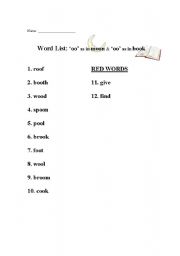 English Worksheet: OO as in moon & book