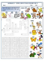 English Worksheet: ANIMALS - SPELLING CHALLENGE 2 IN 1