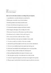 English worksheet: parts of speech revision