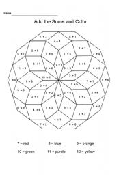 English Worksheet: Add the Sums and Read the Colors 