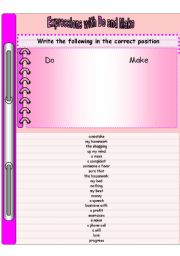 English Worksheet: The correct expressions with the verbs 