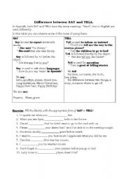 English Worksheet: Difference between SAY and TELL for Spanish speakers