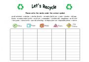 English Worksheet: sorting exercise, recyling theme