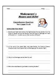 English worksheet: Rome and Juliet Comprehension Questions