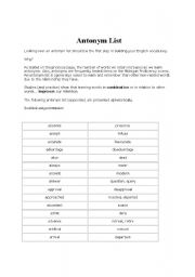 English Worksheet: Antonym List