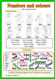 English Worksheet: NUMBERS AND COLOURS. 4 PAGES (12 ACTIVITIES)