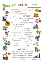 English Worksheet: 3 pages of Phonic Fun with ch: worksheet, story and key (#6)