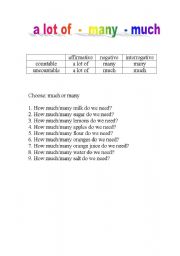 English worksheet: quantifiers a lot of - much - many