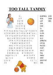 English worksheet: SPORT WORD search according to the story too-tall tammy