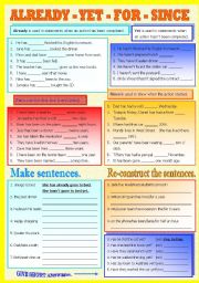 English Worksheet: Already - Yet - For - Since (B/W included)