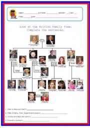 English Worksheet: BRITISH ROYALTY - FAMILY TREE - 2 PAGES - 22 SENTENCES