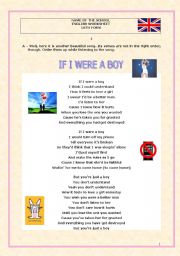 English Worksheet: If I Were a Boy-Beyonc-Conditionals-Different kinds of exercises on the lyrics-Key included