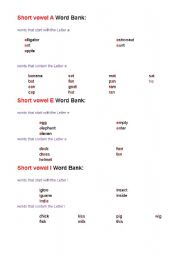 English Worksheet: short vowel words bank