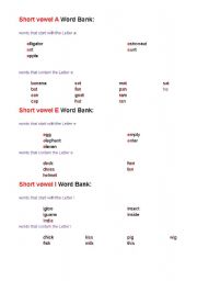 English worksheet: short vowel words bank