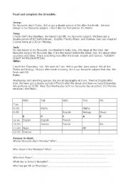 English worksheet: timetable and school subjects