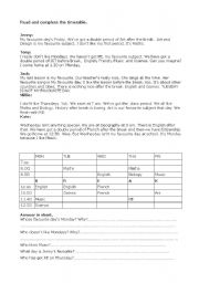 English Worksheet: timetable and school subjects