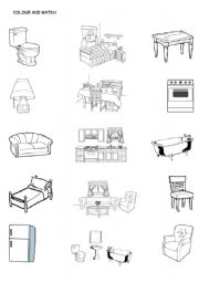 English Worksheet: Color the furniture and match the furniture with the rooms in the house