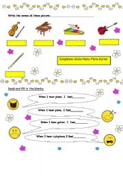 English worksheet: musical instruments / feelings