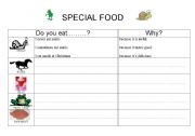 English worksheet: special food habits (snails, frog legs, horse, jelly, raw meat) 