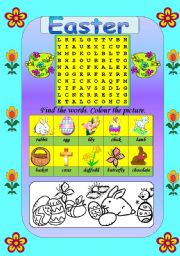 English Worksheet: Easter wordsearch and colouring (B/W version included)