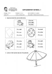 English Worksheet: CIRCLE CAR/DOLL/BALL/KITE then colour the umbrella RED/YELLOW/BLUE/RED