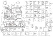 English Worksheet: Board Game with a picture of a 3-story house - mainly Prepositions