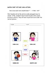 English worksheet: match the parts of the face with the correct action