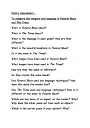 English Worksheet: Poetry comparison: Funeral Blues and The Trees