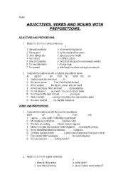English Worksheet: ADJECTIVES, NOUNS AND VERBS + PREPOSITIONS