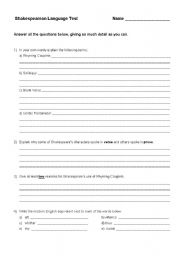 English worksheet: Shakespeare Language test