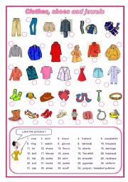 English Worksheet: Clothes, shoes, jewels elementary (editable)