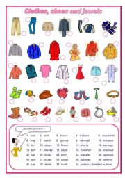 English Worksheet: Clothes, shoes, jewels elementary (editable)