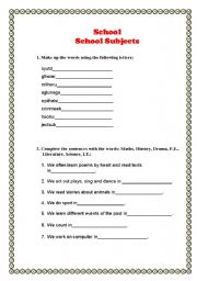 English worksheet: School. School Subjects.