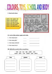 English Worksheet: Colours, toys, school and body