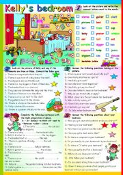 English Worksheet: KELLY�S BEDROOM -  PREPOSITIONS OF PLACE AND ANSWERING QUESTIONS (B&W VERSION INCLUDED)