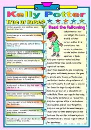 English Worksheet: KELLY POTTER- READING AND COMPREHENSION -TWO PAGES (B&W VERSION AND KEY INCLUDED)