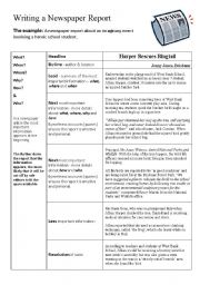 English Worksheet: Writing a Newspaper Report