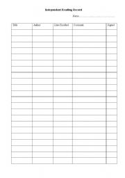 English Worksheet: Independant Reading Record