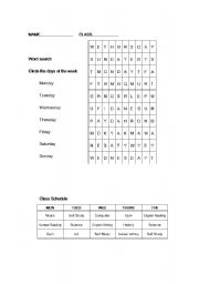 English worksheet: days of the week and class schedule