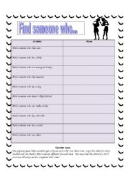 English Worksheet: Icebreaker - find someone who.......