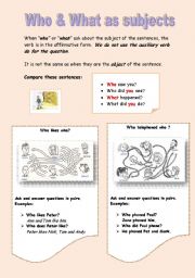 English worksheet: Who & what as subjects