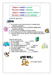 English worksheet: Needs to be, need to be