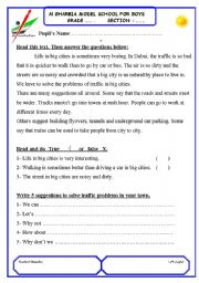 English Worksheet: Reading comprehension test and more. UAE standards. (Life in big cities, traffic jam and pollution)