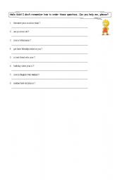 English Worksheet: Order the words to make questions