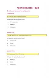English Worksheet: Poetic Devices Quiz Junior Highschool (Yr 7)