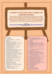 English Worksheet: 50 WORST OF THE WORST COMMON JOB INTERVIEW MISTAKES