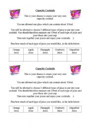 English worksheet: Capacity Cocktails