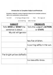 English worksheet: Introduction to Complete Subject and Predicate