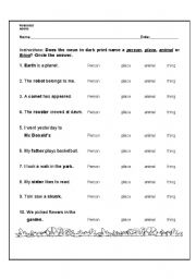 English worksheet: Nouns (thing, animal, person, place)