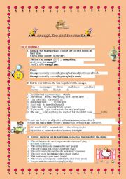 English Worksheet: to enough too much 